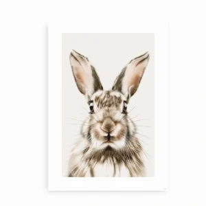 Plakaten "Curious Rabbit" med en realistisk illustration af en kanin.