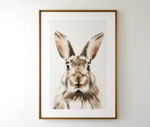 Plakat med en illustreret kanin i guldramme hængende på en hvid væg.