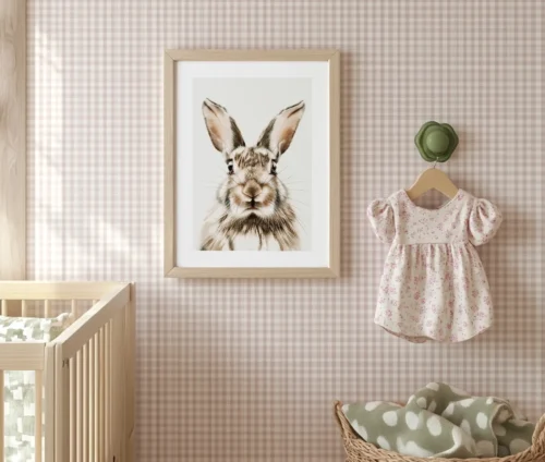 "Curious Rabbit"-plakaten på børneværelset med ternet tapet og en lille kjole hængende på væggen.