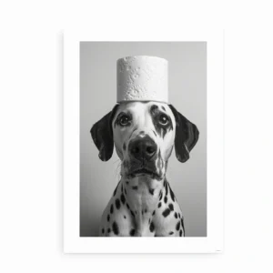 Sort-hvid plakat af dalmatiner med toiletpapirhat.