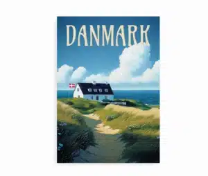 Plakat med dansk badehotel, havudsigt og klitter