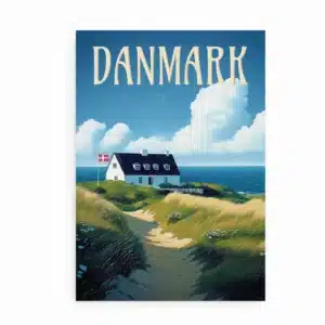 Plakat med dansk badehotel, havudsigt og klitter