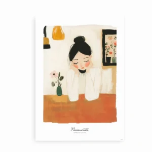 Kunstplakat med en drømmende kvinde ved bordet.