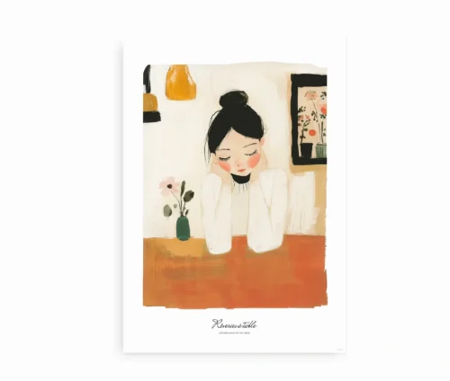 Kunstplakat med en drømmende kvinde ved bordet.