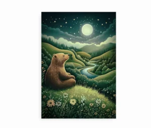 Plakat med en bjørn, der sidder på en eng og ser op på nattehimlen med fuldmåne.