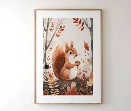 "Autumn Squirrel"-plakat i træramme hænger på en væg og bringer efterårets natur og hygge ind i hjemmet.
