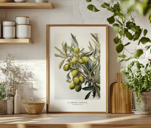 Plakat med olivengrene placeret i et køkkenmiljø med naturligt lys.