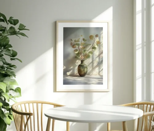 Eucalyptus Populus plakat i et lyst rum med grønne planter og naturligt lys.