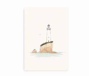 Minimalistisk plakat med et fyrtårn på en klippe ved havet, omgivet af en rolig, lys baggrund.