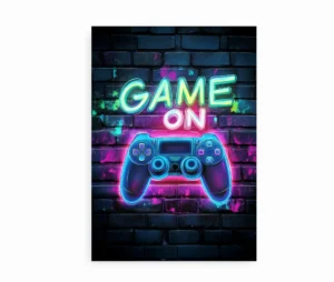 Game On plakat med neonfarver og PS-controller på en mørk murstensbaggrund.