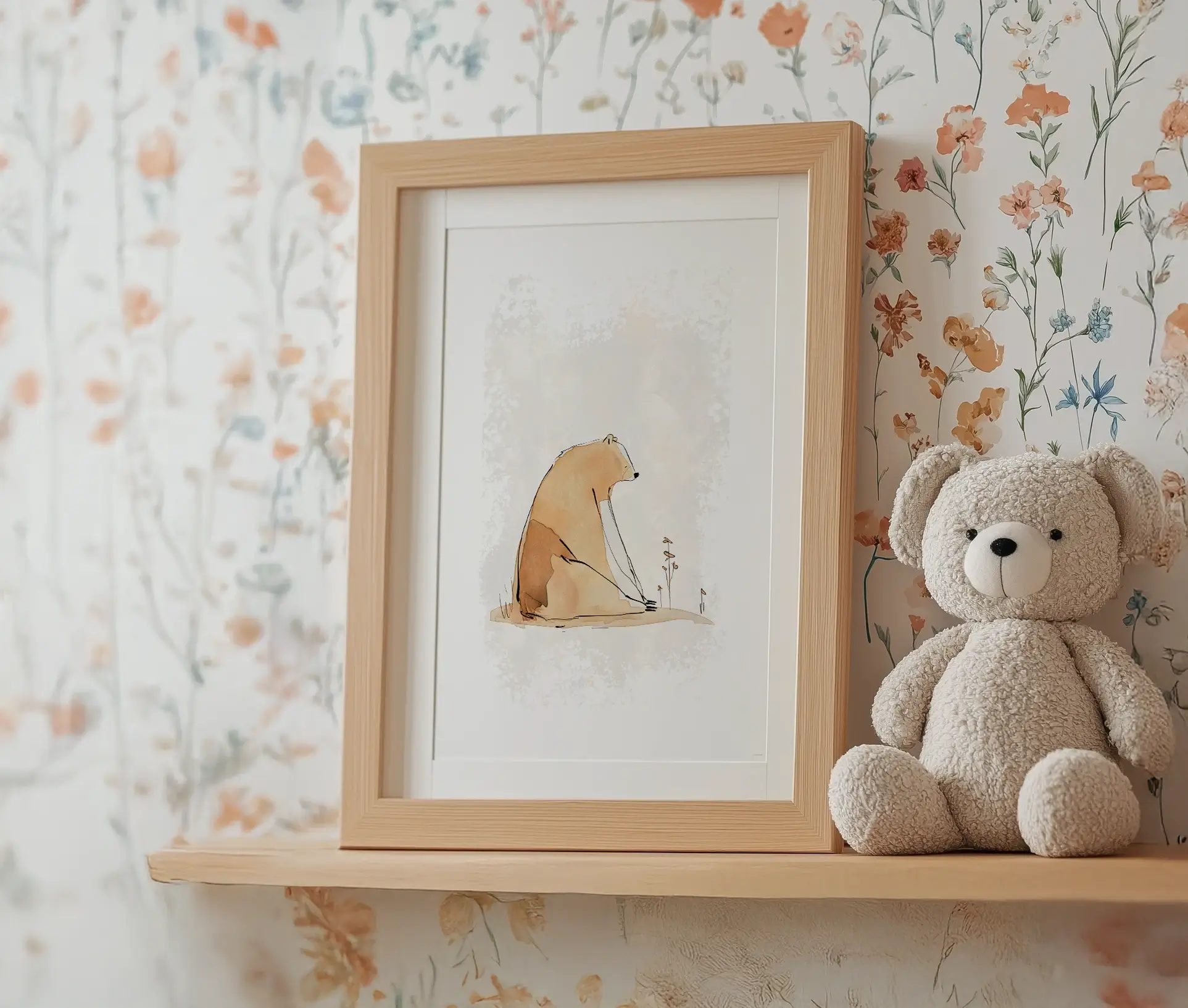 Plakat med en illustreret bjørn på en hylde ved siden af en bamse, omgivet af blomstret tapet.