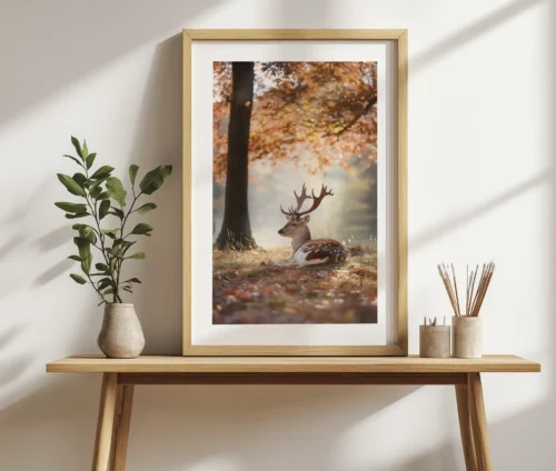 "Autumn Majesty"-plakaten placeret på en træhylde ved siden af grønne planter og dekorative elementer.