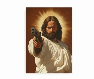 Jesus-plakat med humoristisk twist, fremhævet på en lys baggrund med klare detaljer.