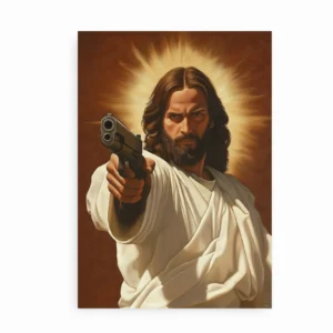 Jesus-plakat med humoristisk twist, fremhævet på en lys baggrund med klare detaljer.