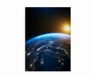 Nærbillede af "Earth from Space"-plakaten, der viser detaljerne i Jorden set fra rummet med lysende byer og en gylden solopgang.