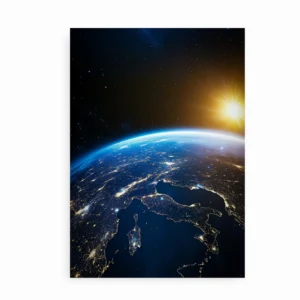 Nærbillede af "Earth from Space"-plakaten, der viser detaljerne i Jorden set fra rummet med lysende byer og en gylden solopgang.