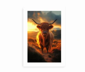 En plakat med en Highland-ko i en lysende solnedgang over det skotske højland.