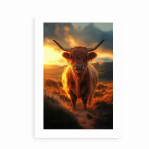 En plakat med en Highland-ko i en lysende solnedgang over det skotske højland.