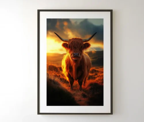 En Highland-ko plakat i en sort ramme.