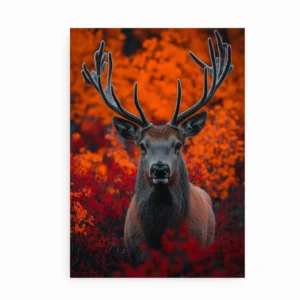 Plakat af en majestætisk hjort med gevir i et landskab fyldt med røde og orange efterårsblade.