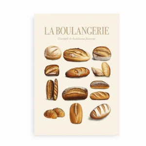 Plakat med illustrationer af klassiske franske brød, herunder baguettes, croissanter og surdejsbrød, med teksten "La Boulangerie".