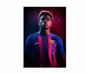 Plakat med Lamine Yamal i Barcelona-uniform, dramatisk lys og røde/blå farvetoner.
