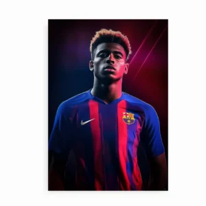 Plakat med Lamine Yamal i Barcelona-uniform, dramatisk lys og røde/blå farvetoner.