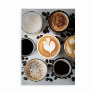 Plakat med forskellige kaffetyper og latteart på en lys baggrund omgivet af kaffebønner.
