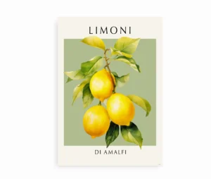 Plakat med tre gule citroner på en gren med grønne blade og teksten "Limoni di Amalfi" i en elegant typografi.