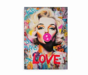 Marilyn Monroe pop art plakat med graffiti og bubblegum-motiv.