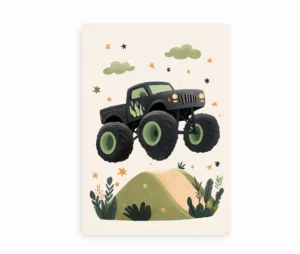 Monster truck-plakat med en stor grøn truck, der hopper over en bakke omgivet af farverige detaljer.