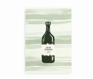 Plakat med illustration af en olivenolieflaske og grøn baggrund.