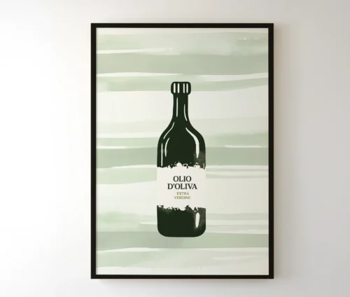 Plakat med olivenolieflaske i sort ramme hængende på væg.