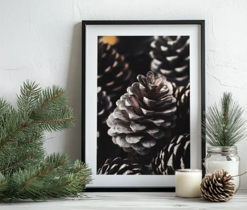 "Pinecone Elegance"-plakat i sort ramme placeret på et bord, omringet af fyrgrene og hvide stearinlys.