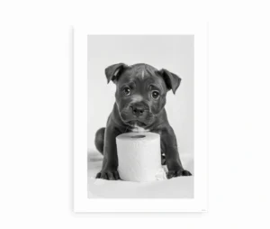 Sort-hvid plakat af en nuttet hvalp med toiletpapir, perfekt til badeværelset.