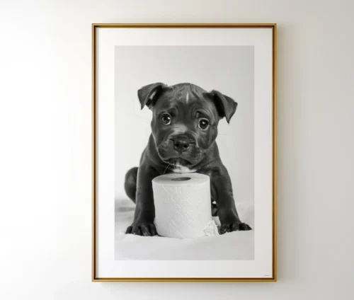 Plakat med en hvalp og toiletpapir i et humoristisk sort-hvidt design.