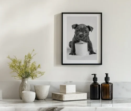 Plakat med nuttet hvalp og toiletpapir – humoristisk motiv i sort-hvid.