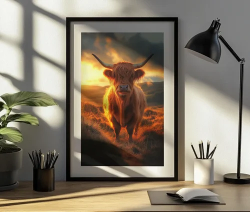 En Highland-ko plakat stående på et skrivebord med naturligt lysindfald fra et vindue.