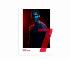 Plakat med Cristiano Ronaldo, fremhævet af dramatisk belysning og hans ikoniske nummer 7 i rødt.