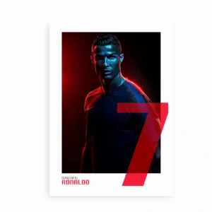 Plakat med Cristiano Ronaldo, fremhævet af dramatisk belysning og hans ikoniske nummer 7 i rødt.