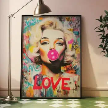 Marilyn Monroe plakat med bubblegum-motiv, placeret i en stilfuld indretning.