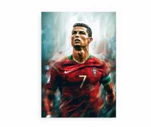 Cristiano Ronaldo i den portugisiske landsholdstrøje, med en intens og dynamisk baggrund.