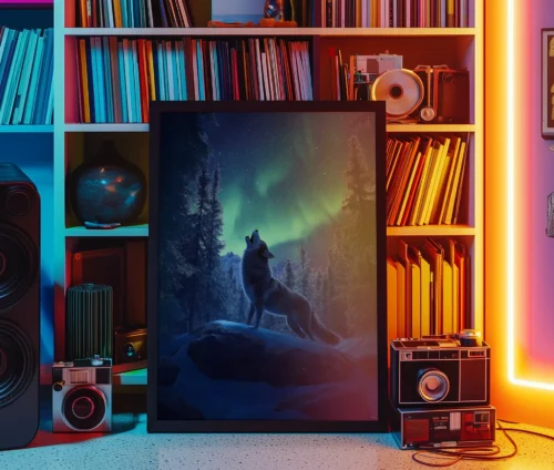 Winter Howl-plakat placeret i en moderne indretning med bogreoler og neonbelysning.