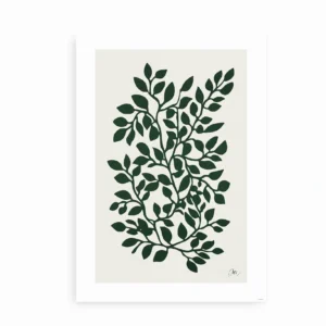 "Evergreen Elegance"-plakaten med grønne blade på neutral baggrund.