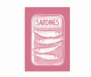 Plakat med sardiner i dåse på pink baggrund.
