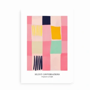 Abstrakt plakat med bløde pastelfarver og geometriske mønstre, kaldet Silent Conversations.