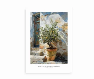 "Pequeño Olivo Mediterráneo"-plakat med et oliventræ i potte foran en blå dør og rustik stenmur.