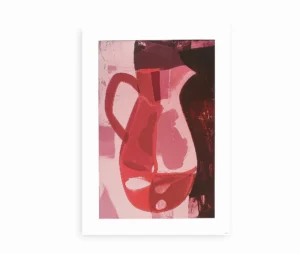 Abstrakt plakat med rød kande og kunstnerisk stil på lys baggrund.