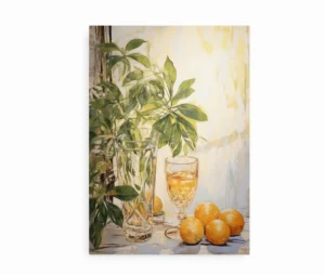 Plakat med maleri af citrusfrugter, grønt løv og glas i sollys.