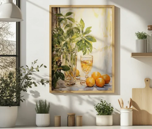 Plakat med citrusfrugter og grønt i sollys hængende i et lyst køkkenmiljø.
